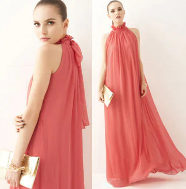 Bohemian halter neck maxi chiffon beach dress, soft pink, flowing drape and tie