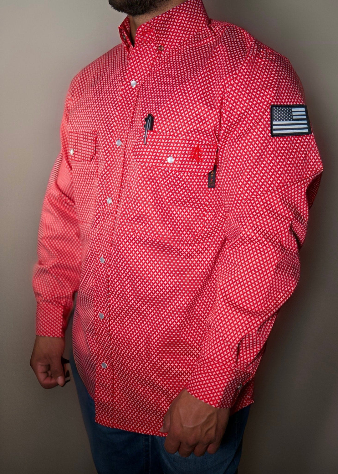 Alpha Red pearl snap work shirt, small red check pattern, chest pockets and buttons