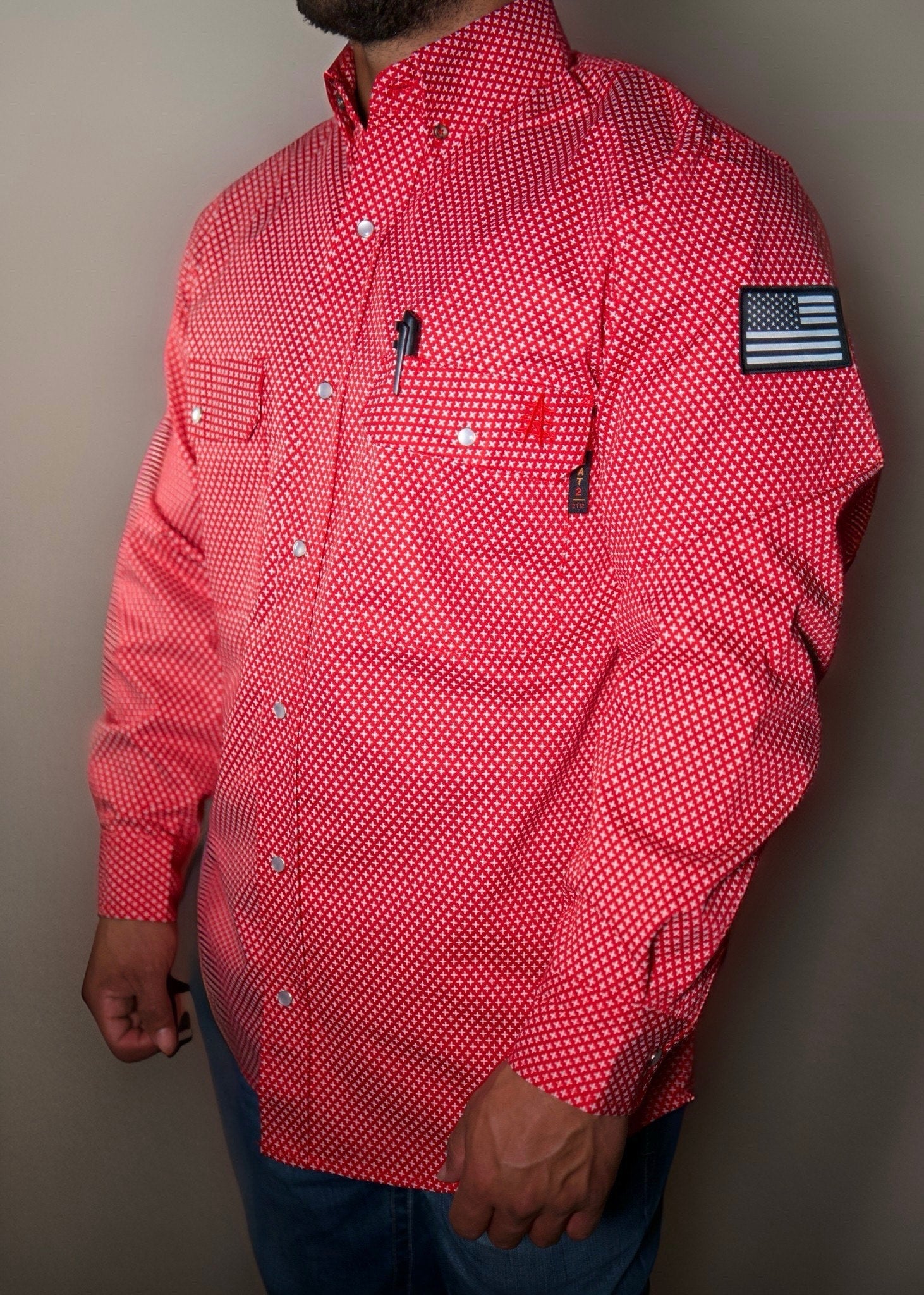 Alpha Red pearl snap work shirt, small red check pattern, chest pockets and buttons