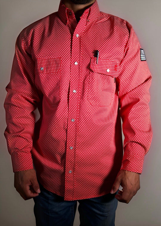 Pearl snap work shirt with long sleeves, chest pocket with tag detail, red patterned