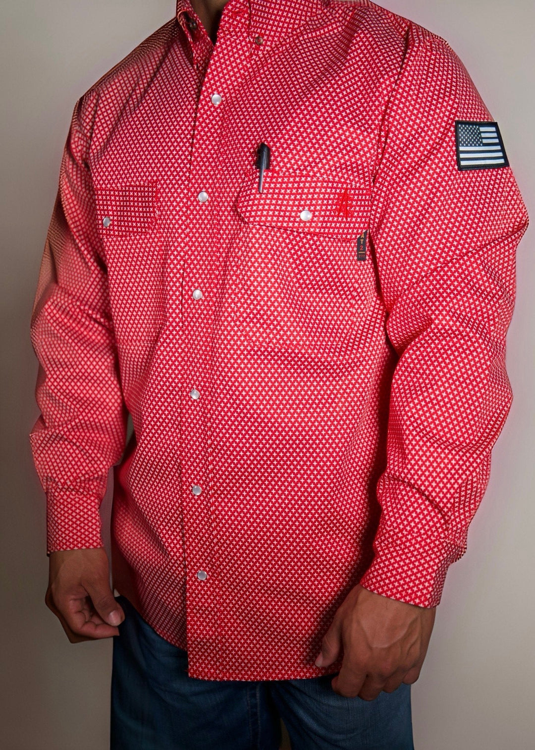 Red pearl snap work shirt, American flag sleeve patch, flap chest pocket, button front