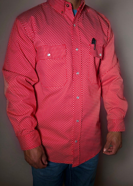 Red pearl snap work shirt, all-over micro-pattern, button front and pointed collar