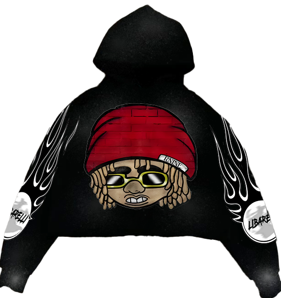 Black Rhine hoodie with red-and-gold skull graphic and flame sleeve accents