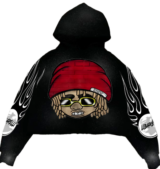Black Rhine hoodie with red-and-gold skull graphic and flame sleeve accents