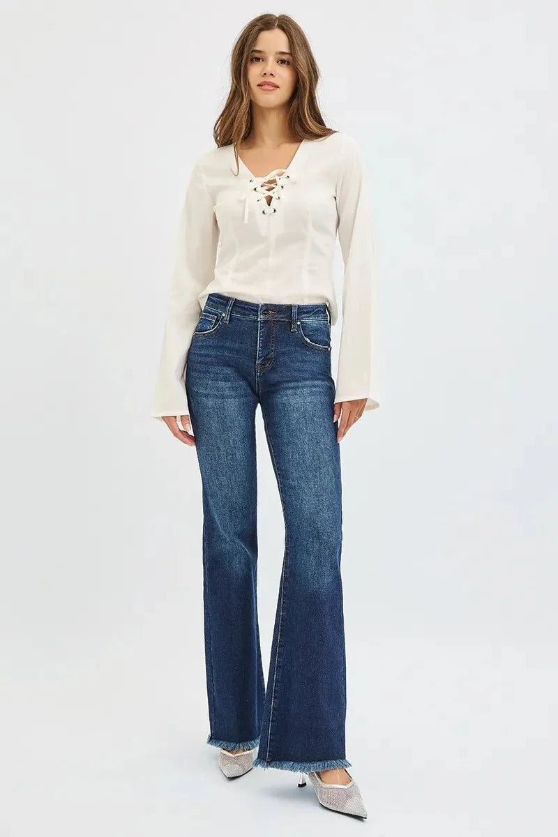 RISEN dark wash flare jeans, mid-rise fit, frayed hem, five-pocket design