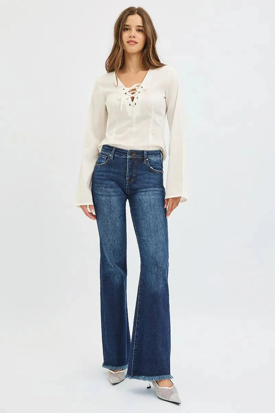 RISEN dark wash flare jeans, mid-rise fit, frayed hem, five-pocket design