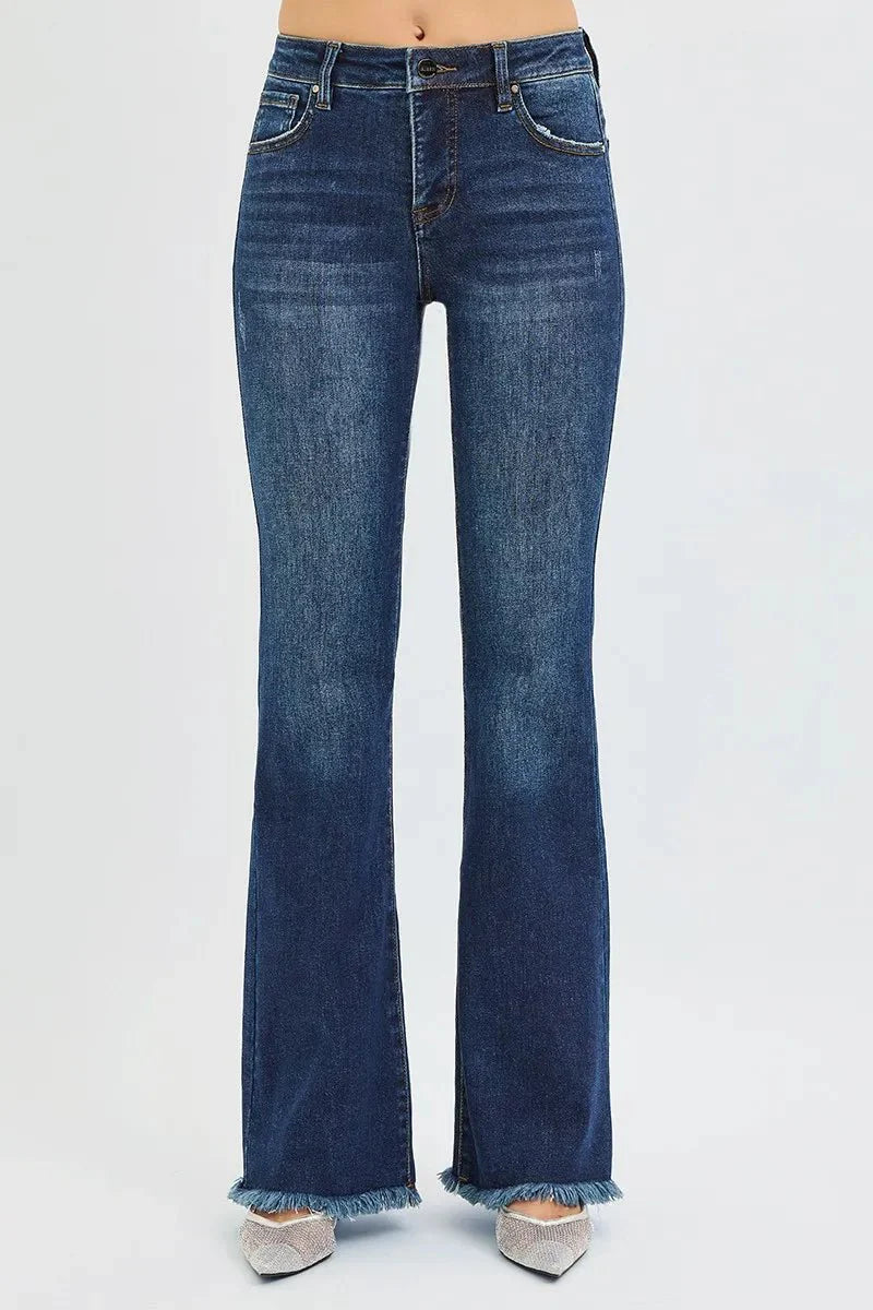 Dark mid-rise flare jeans with button-and-zip front and frayed hem