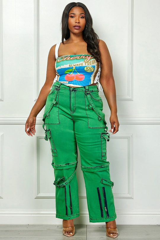 Green utility cargo denim pants with multiple pockets and belt loops, plus size