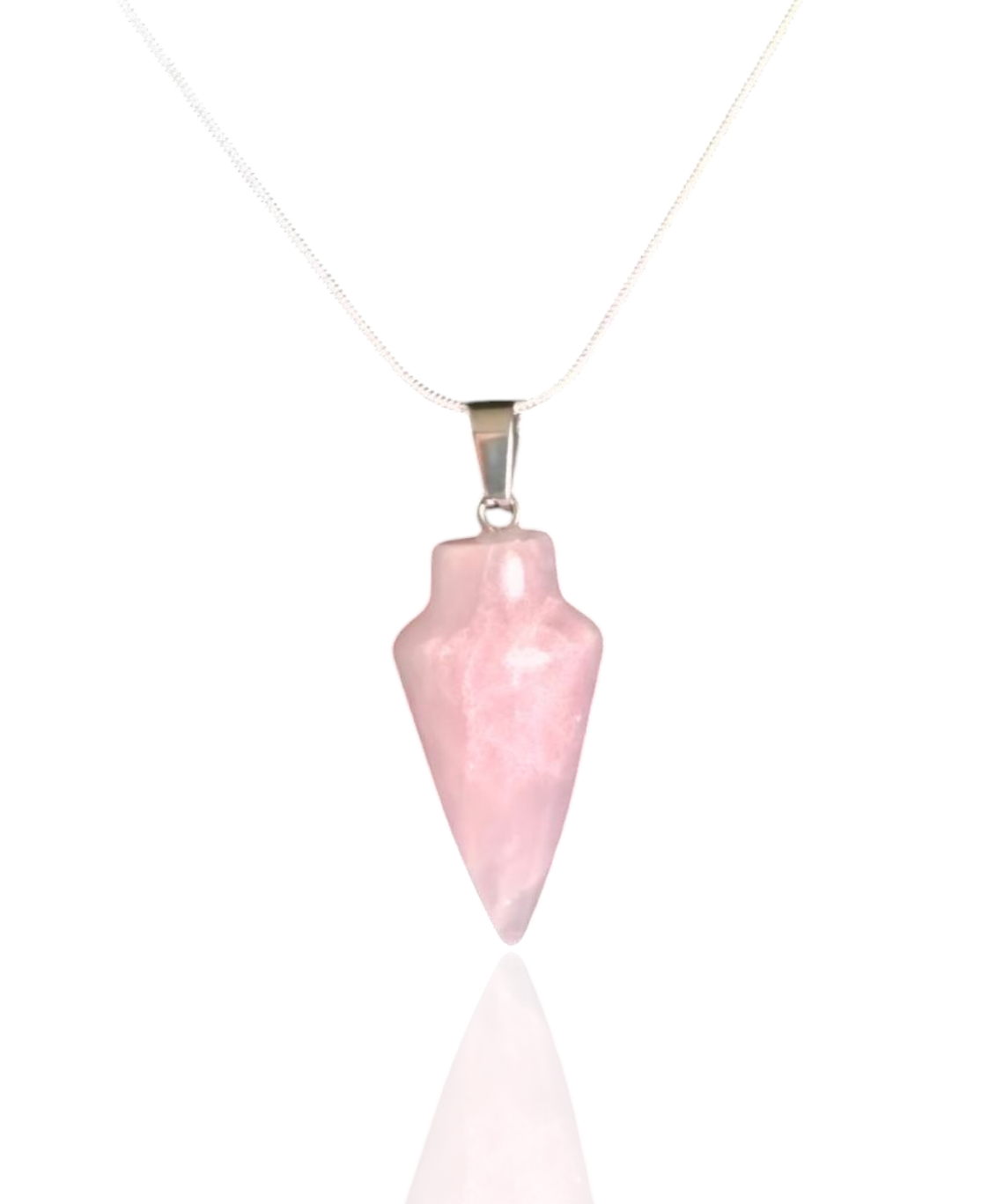 Pink rose quartz teardrop pendant on 925 silver chain with bail connector