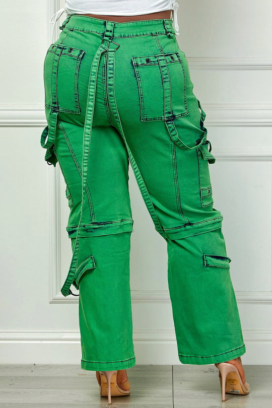 Green utility cargo denim pants, back view with large patch pockets and cargo stitching