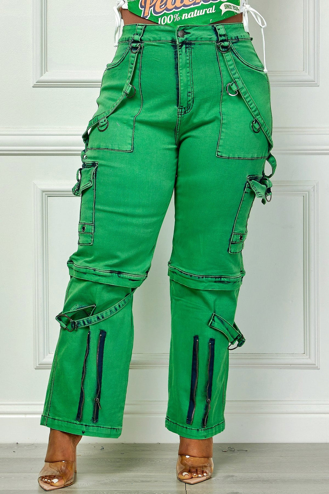 Green utility cargo denim pants, front view with flap pockets and stitched cargo seams