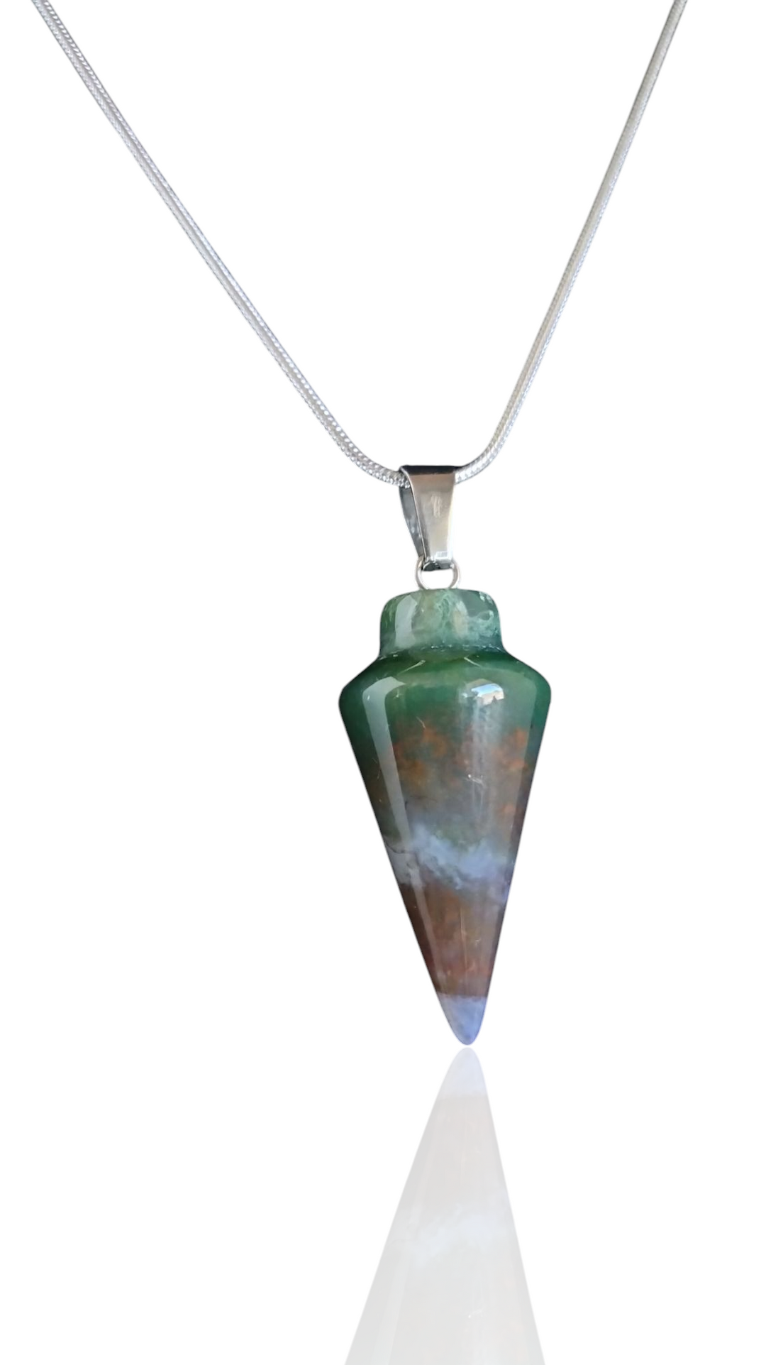 Green moss agate teardrop pendant on 925 silver snake chain