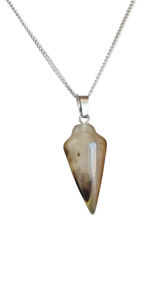 Gold-brown striped teardrop stone pendulum on silver chain