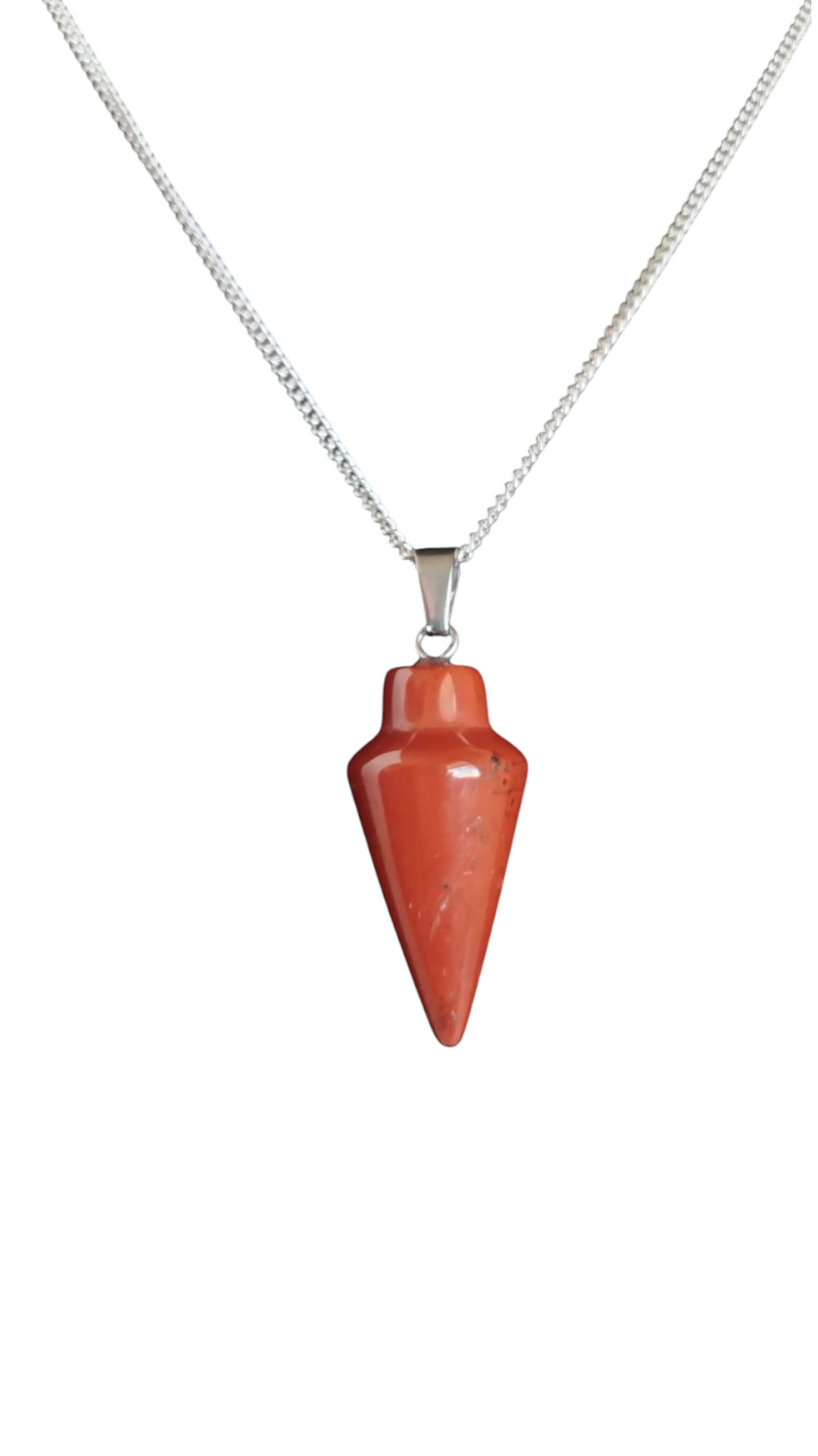 Orange-red teardrop pendulum pendant with silver bail and clasp