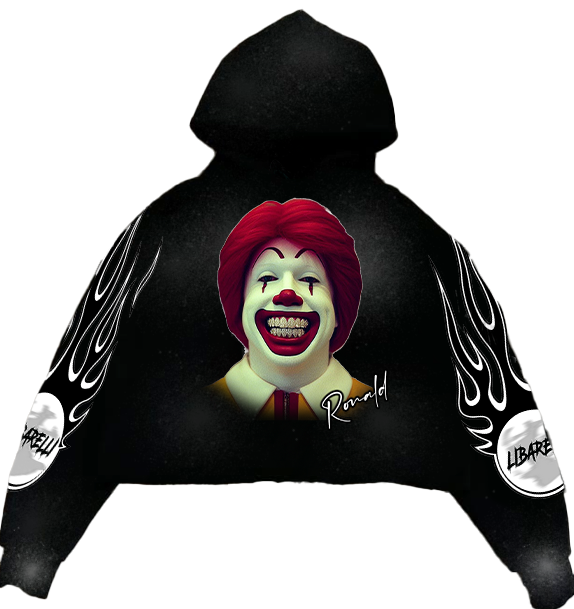 Ronald Hoodie: black hooded sweatshirt with large graphic print and signature text
