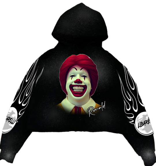 Ronald Hoodie: black hooded sweatshirt with large graphic print and signature text
