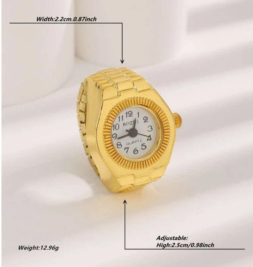 Goldtone quartz watch ring, width 2.2 cm, height 2.5 cm, weight 12.9 g