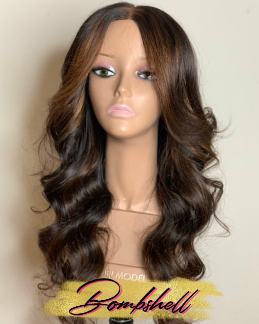 Bombshell long wavy dark brown wig, center part, curled ends