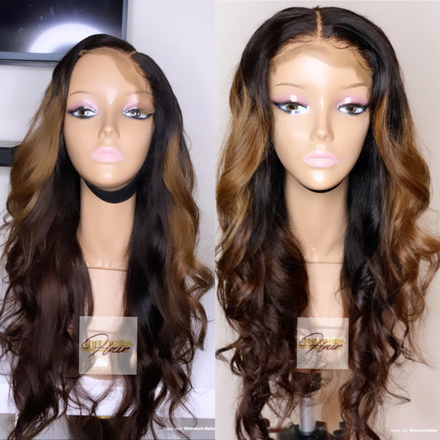 Bella wig, long loose curls in dark brown with auburn highlights, center part