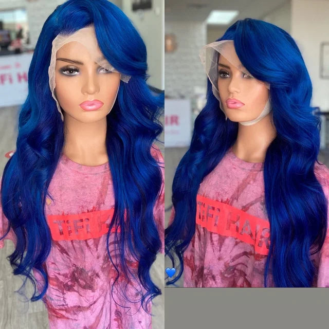 Blue long wavy hair wig with front lace and side part, center-highlighted bangs