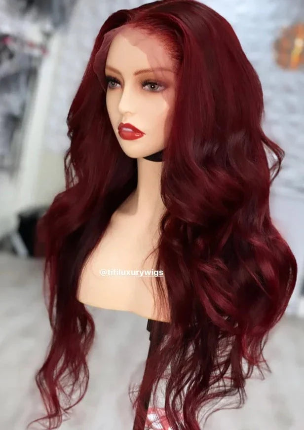 Blaze burgundy long wavy wig with side part and voluminous curls