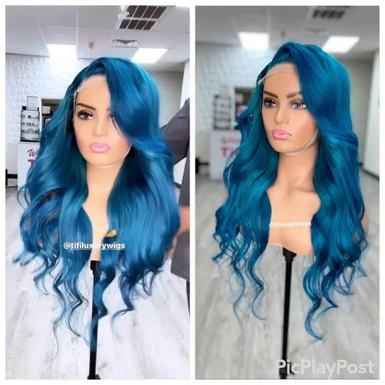 Brianna wig with deep teal long wavy hair and middle part