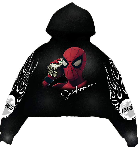 Black Spider-Man hoodie, back graphic with red mask and flame sleeve detailing