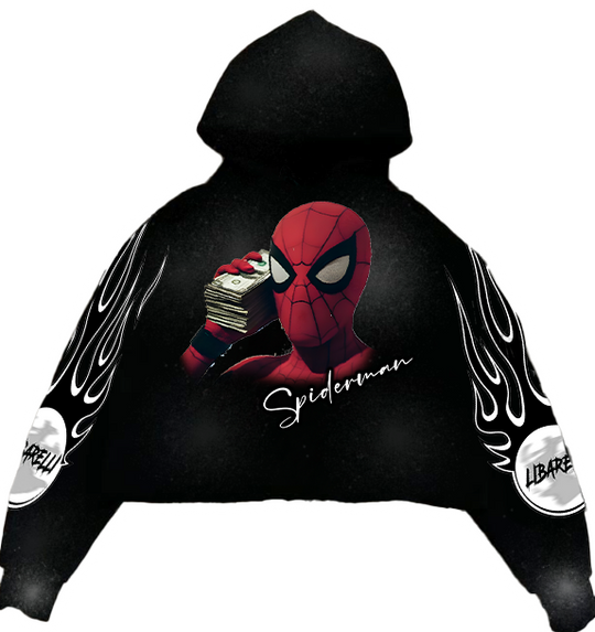 Black Spider-Man hoodie, back graphic with red mask and flame sleeve detailing