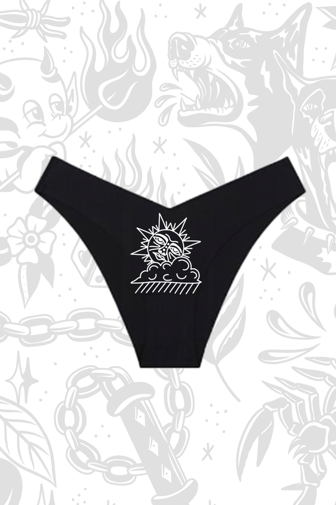 Black V-cut cheeky panties with sun/moon graphic front