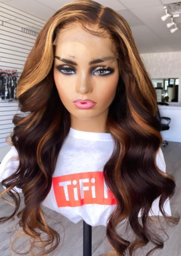 Zara wig: long, wavy dark brown hair with warm caramel tones, center part