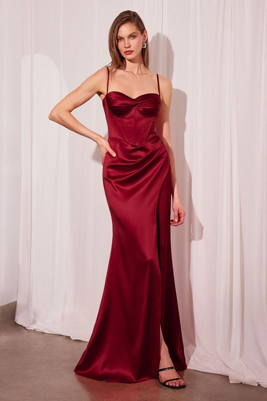 Fitted burgundy satin dress with sweetheart neckline, thin straps, and front slit