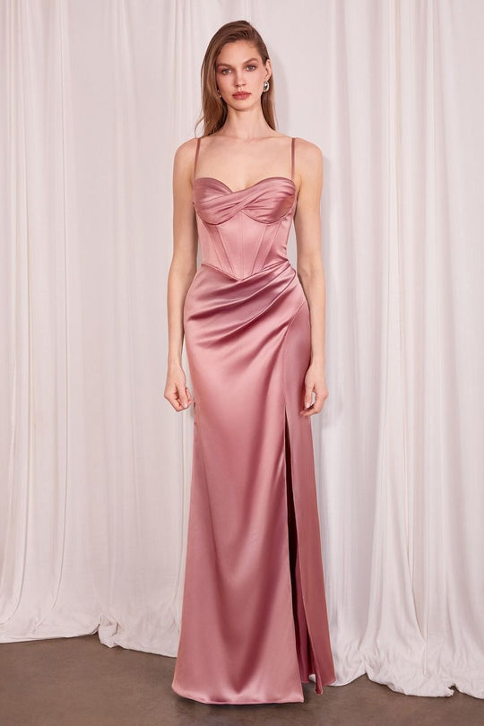Fitted rose satin dress with sweetheart neckline, thin straps, and side slit