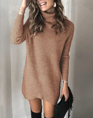 Hollow Knit Sweater Dress, Khaki, long sleeves, mock neck