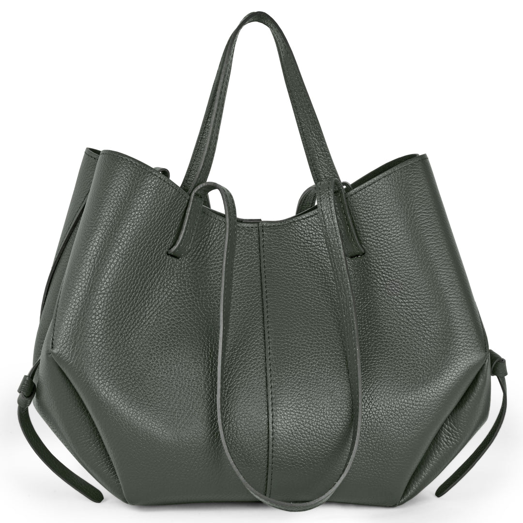 Dark grey calf leather tote bag with drawstring top and wide handles.