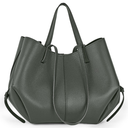 Dark grey calf leather tote bag with drawstring top and wide handles.