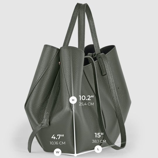 Dark grey calf leather tote bag, side view with size markers (25.4 cm height shown).