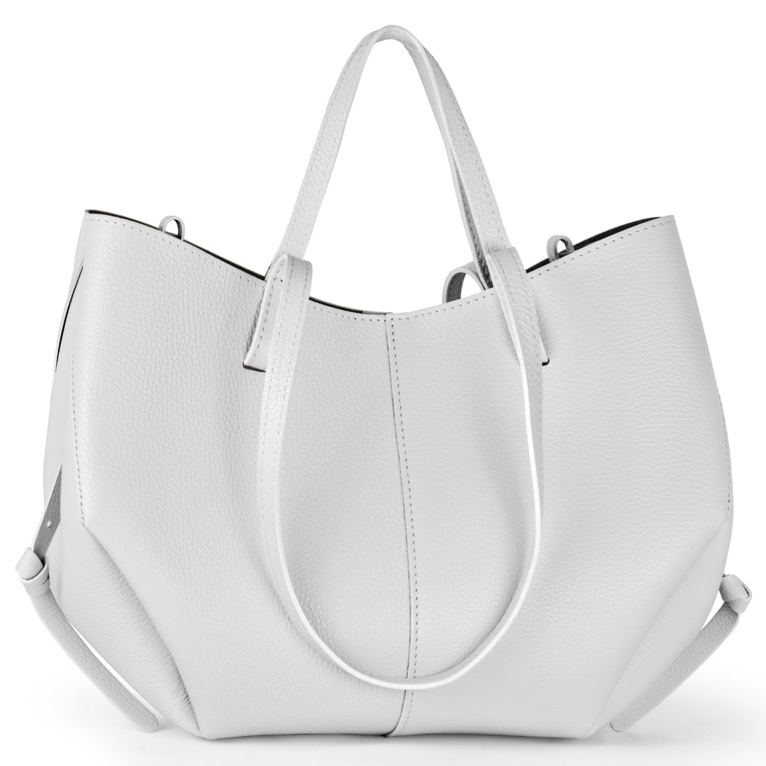 Calf leather tote bag, smooth white finish, two top handles, side snap straps