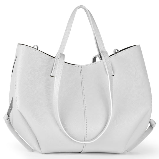 Calf leather tote bag, smooth white finish, two top handles, side snap straps