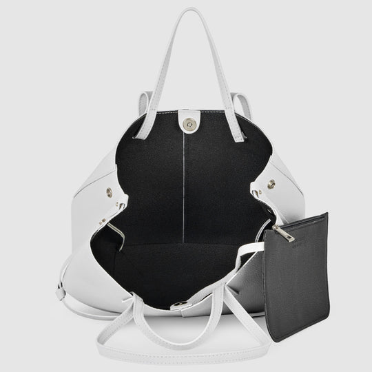 White calf leather tote bag with black interior and matching small zip pouch
