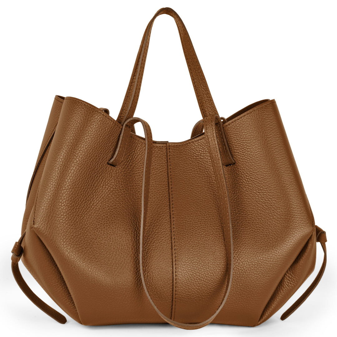 Calf leather tote bag with drawstring top, chocolate brown and wide handles.