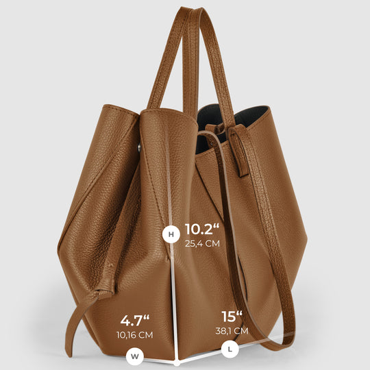 Chocolate calf leather tote bag, side view with size markers (25.4 cm height shown).