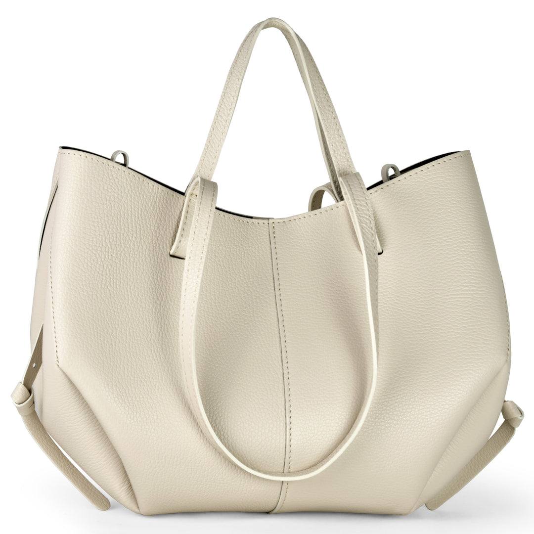 Genuine calf leather tote bag, white, top handles and drawcord-style front seam