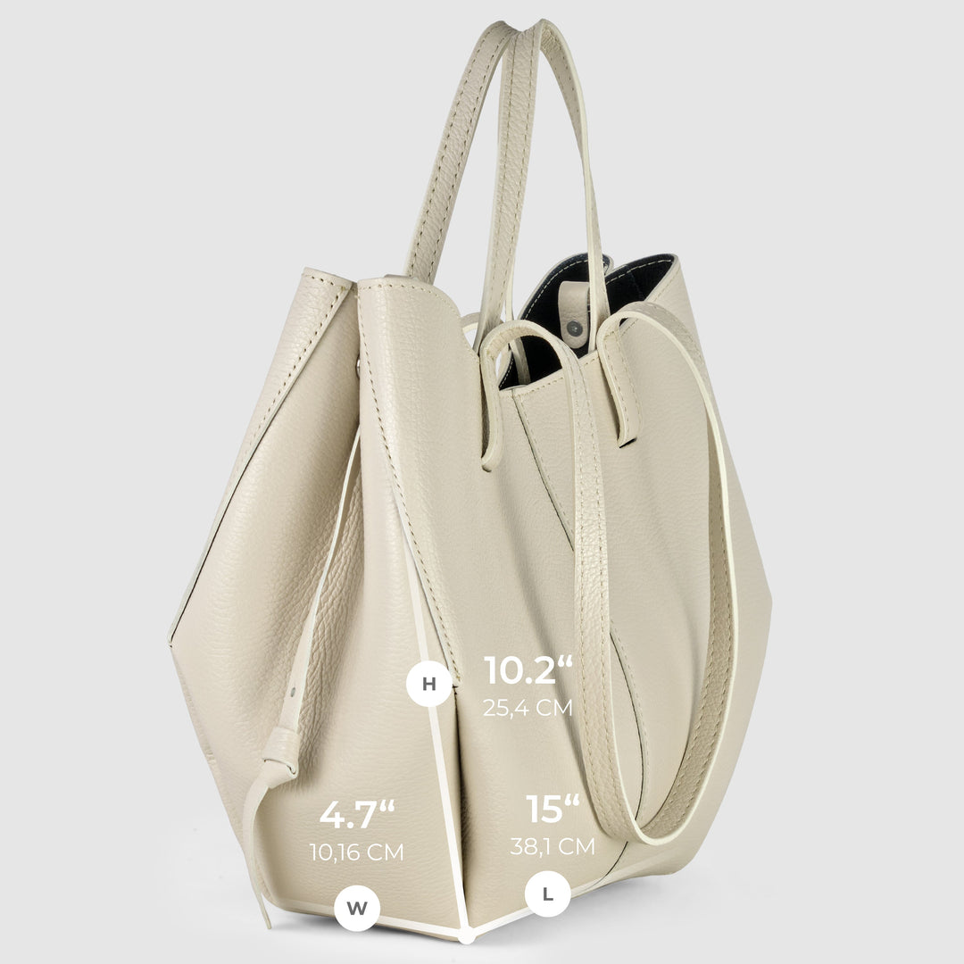 Genuine calf leather tote bag, white, side view with measurement overlay