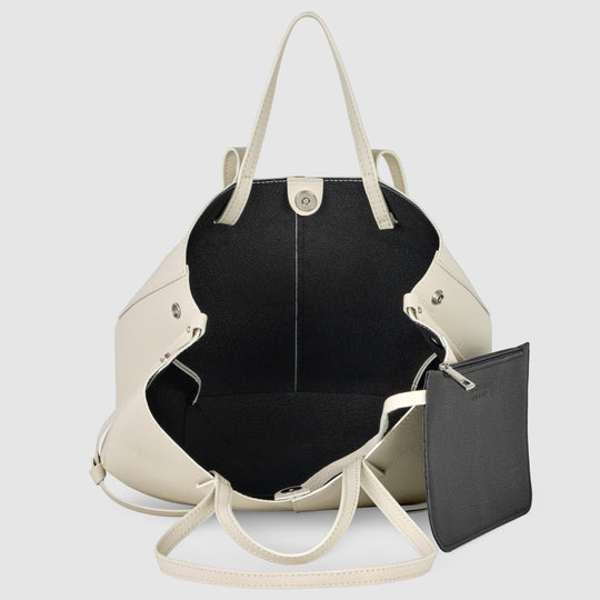 Genuine calf leather tote bag, white, open top shows black lining and small pouch