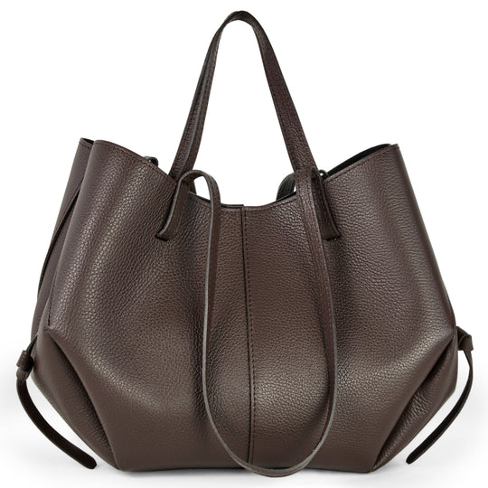 TAKEASY genuine calf leather tote bag, dark brown, top handles and drawcord closure
