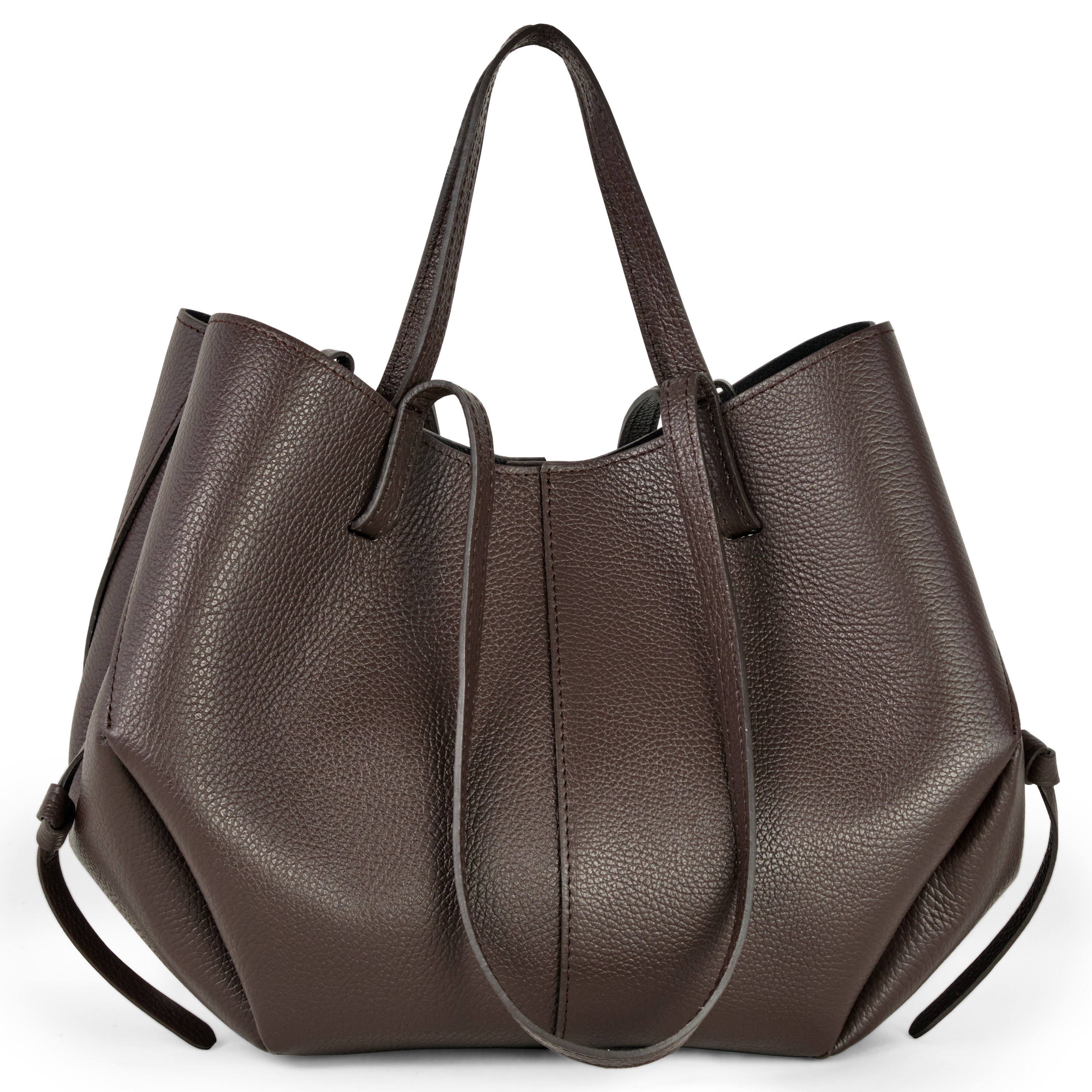 TAKEASY genuine calf leather tote bag, dark brown, top handles and drawcord closure