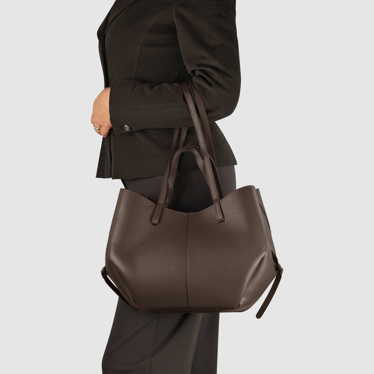 Genuine calf leather tote bag, dark brown, worn with long shoulder strap