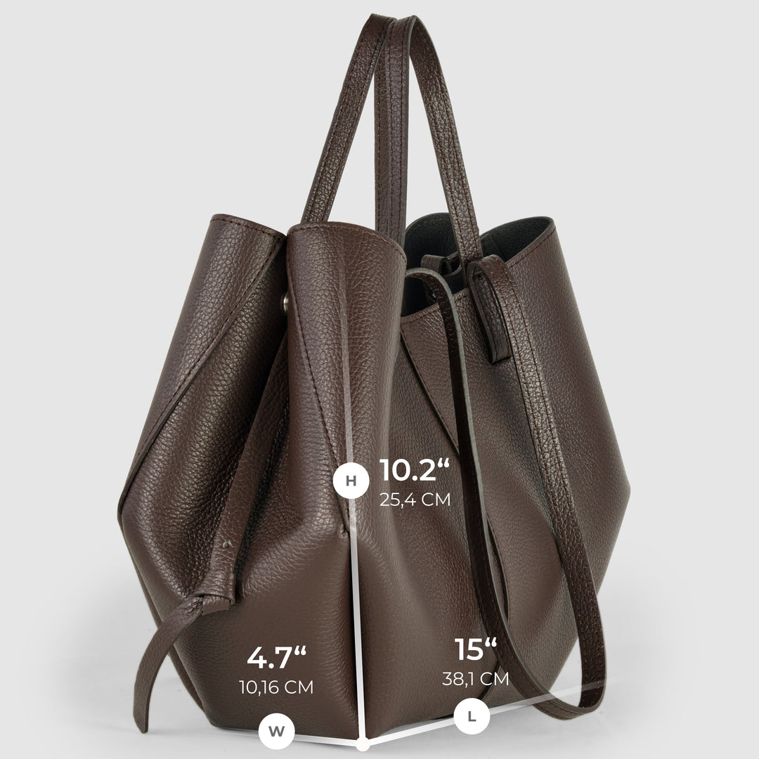 Genuine calf leather tote bag, dark brown, front panel and side strap detail