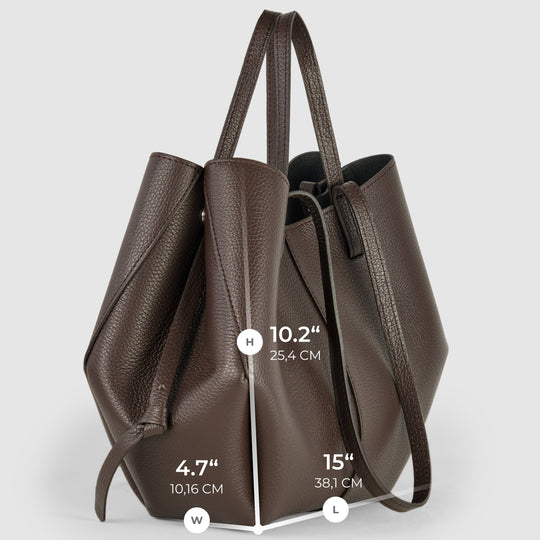 Genuine calf leather tote bag, dark brown, front panel and side strap detail