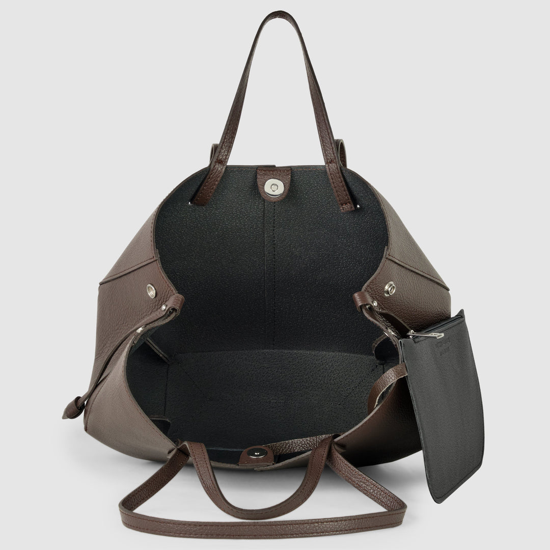 Genuine calf leather tote bag, dark brown, open top with front pocket and shoulder strap